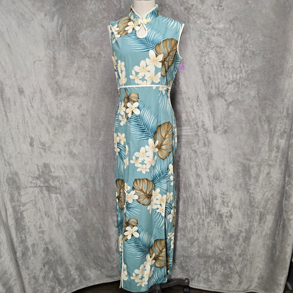 Amy Lee Cheongsam Dress Womens M Blue Floral Tropical Made in Hawaii Maxi Qipao